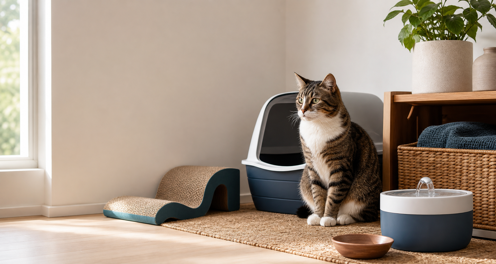 A cat beside a clean litter box, scratcher, and water fountain in a calm home